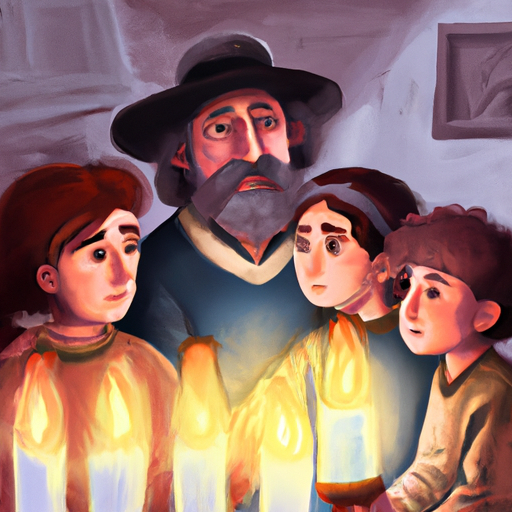 איור של משפחה יהודית מכונסת סביב מנורת שבת דולקת.