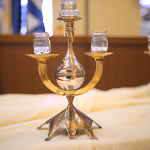 תמונה של מנורת שבת מסורתית עם ארובה מזכוכית, מונחת על שולחן.