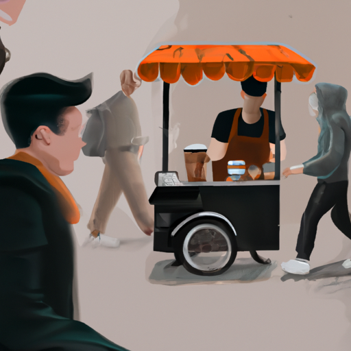 תמונה של אדם מוכר קפה עגלת קפה ברחוב סואן